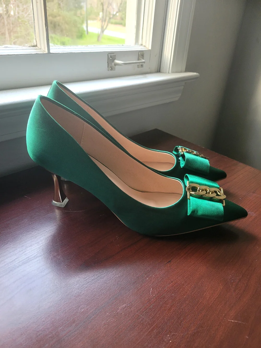 Emerald Green Satin Pointed Toe Pumps with Gold Chain Accent